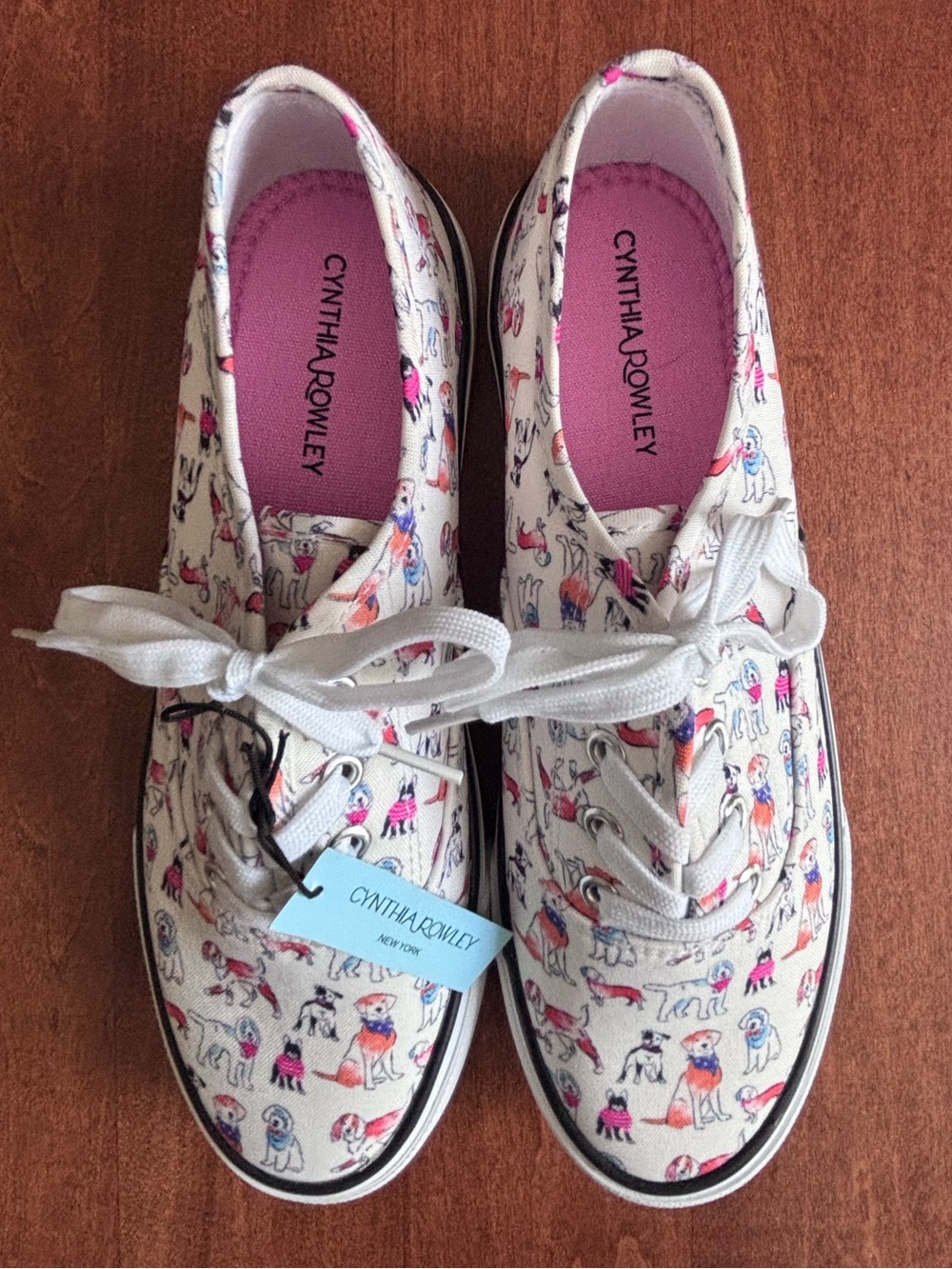 Cynthia Rowley Cream Canvas Kids Sneakers with Dog Print and Pink Insole
